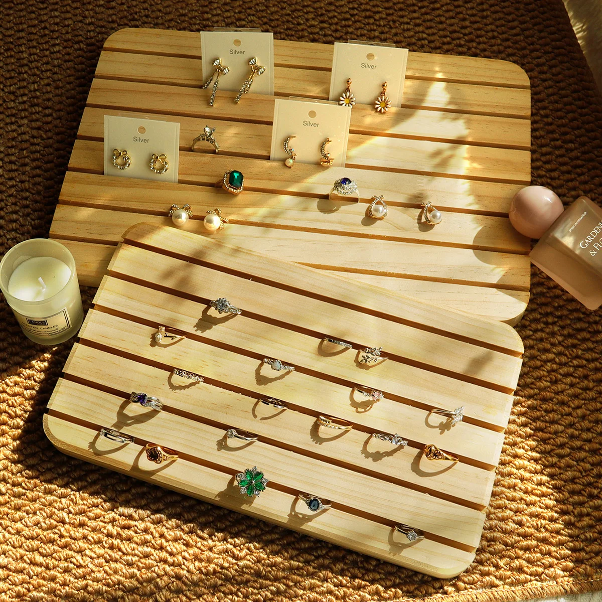 Asiento de almacenamiento de anillos de madera maciza, estante de presentación de joyería, ranura para tarjetas, accesorios de exhibición de anillos, estante de exhibición de almacenamiento de joyería