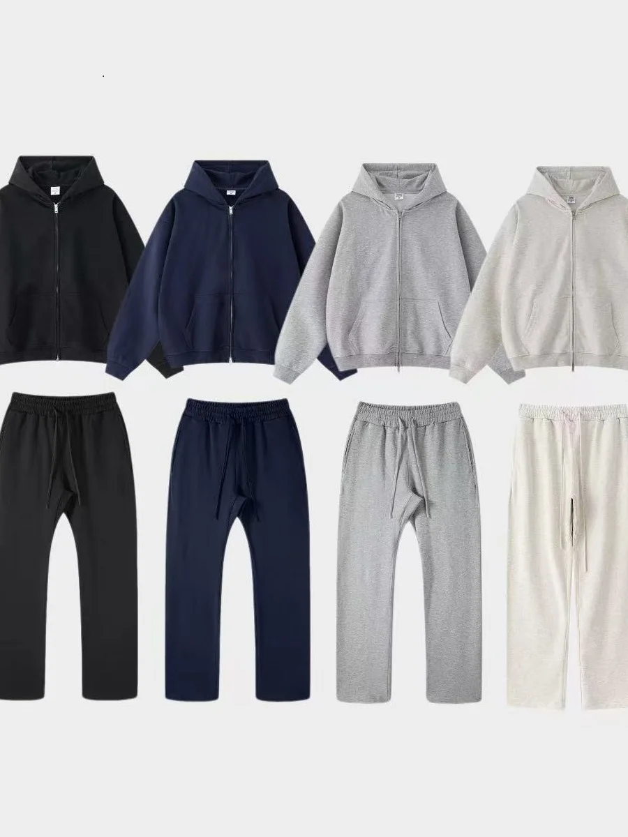 

Ins Laidba Color Hoodie Open Cardigan Two-Piece Set Autumn Winter Heavyweight Casual Straight Leg Sweatpants