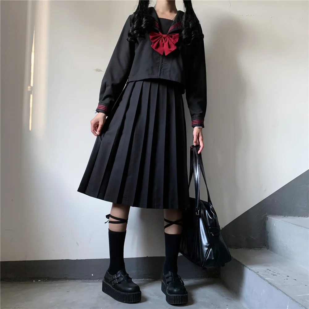 BLACK Orthodox College Style Japanese Korean Student School Uniform JK Uniform Girl Anime Cosplay Sailor Suit Class Top Skirts