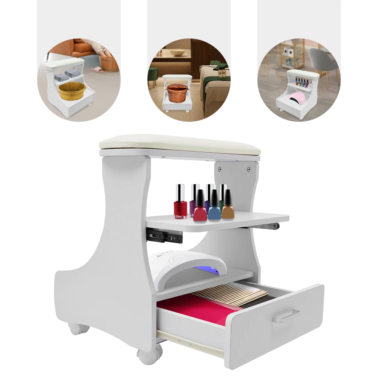 ร้านเสริมสวยเล็บหรือเท้าสปาแบบพกพา Esthetician รถเข็นสําหรับเท้า Pedicure ทําเล็บมือเฟอร์นิเจอร์นวด Salon