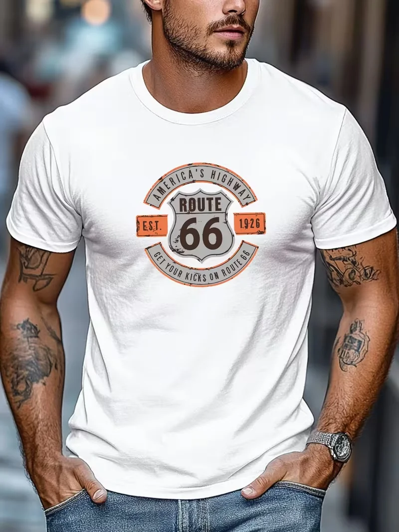 Men Vintage Route 66 T-shirt America's Highway Road Sign Graphic Short Sleeve Casual Travel Biker Basic Tops