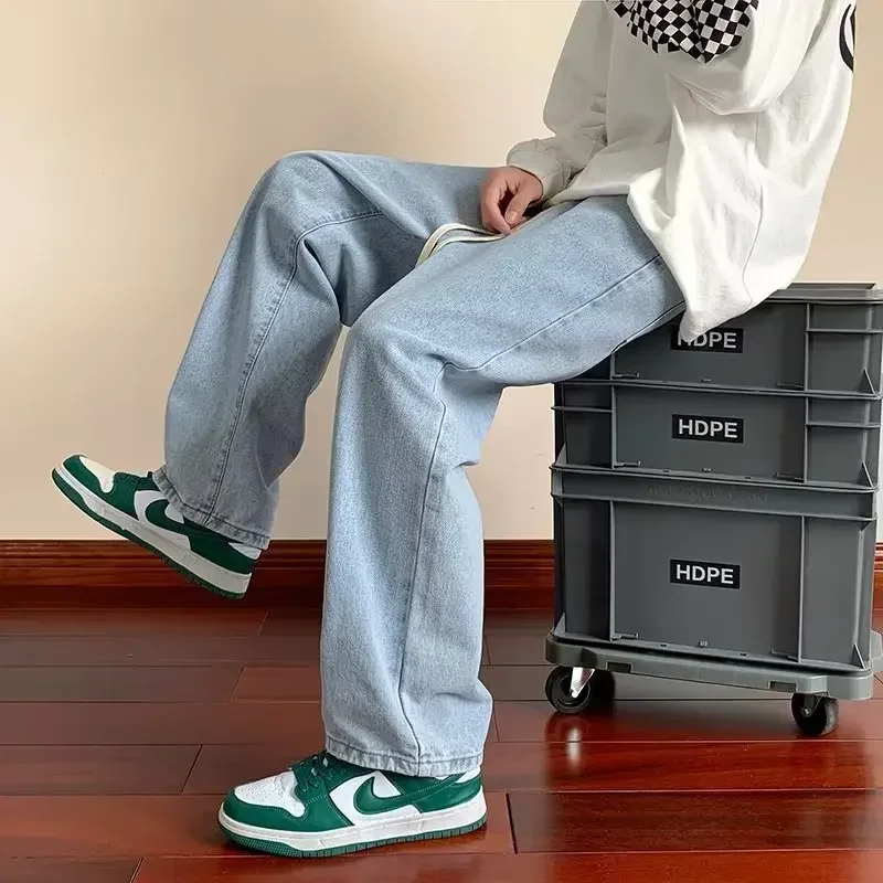 トレンディな日本製ドローストリングライトブルージーンズ メンズ ストレッチウエスト ルーズフィット ストレートレッグ ワイドトラウザーズ カジュアルロングパンツ