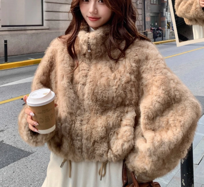 Chaqueta gruesa y cálida con cuello levantado para mujer, Top coreano de manga larga, holgado y versátil, Color café, Otoño e Invierno