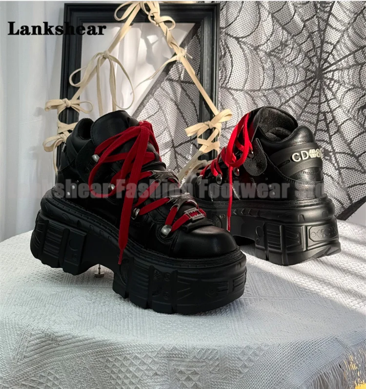 Afbeelding 4: Tankplatform Ronde neus Punklaarzen Hoge hakken Veterlaarzen Designer stijl laarsjes Damesschoenen met hoge toename Botas Mujer