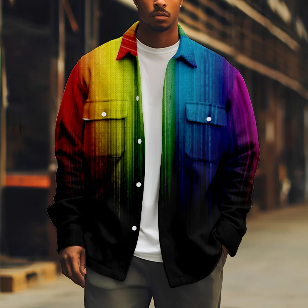 Colorful Men's Jacket Rainbow Style Print Long Sleeve Turn-down Collar Button Coat Casual Streetwear