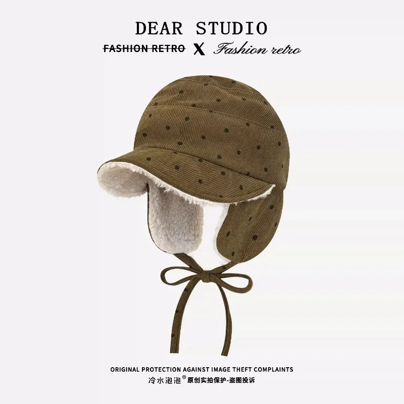 Women Polka Dot Corduroy Winter Bomber Hats Sherpa Fleece Lined Ear Protection Hat with Bow Tie‑String Warm Outdoor Caps for Men