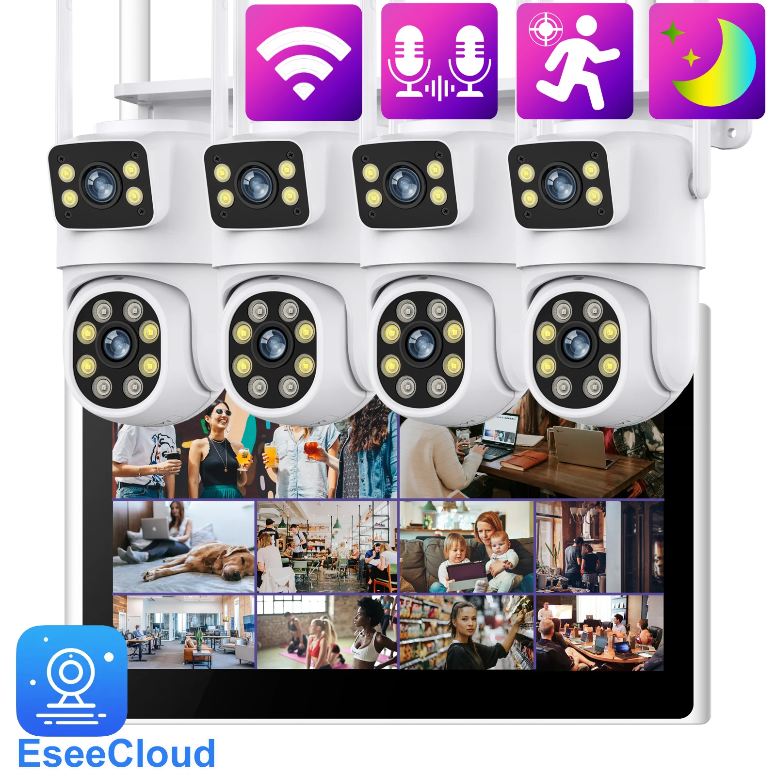 Gadinan Wifi PTZ Camera System 10.1 Inch Screen NVR Video Surveillance 3MP Auto Tracking Waterproof Two Way Audio Surveillance