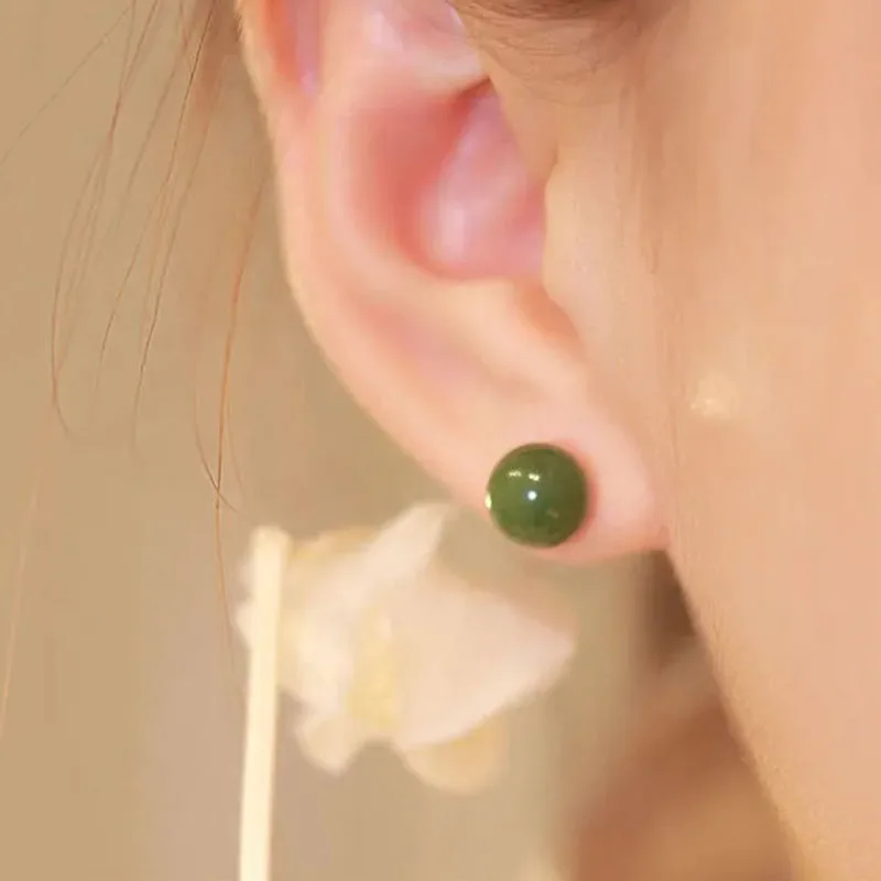 PANJBJ 925 Sterling Silver Hotan Jade Stud Earring for Women Girl Round vintage Luxury Jewelry Banquet Gift Dropshipping