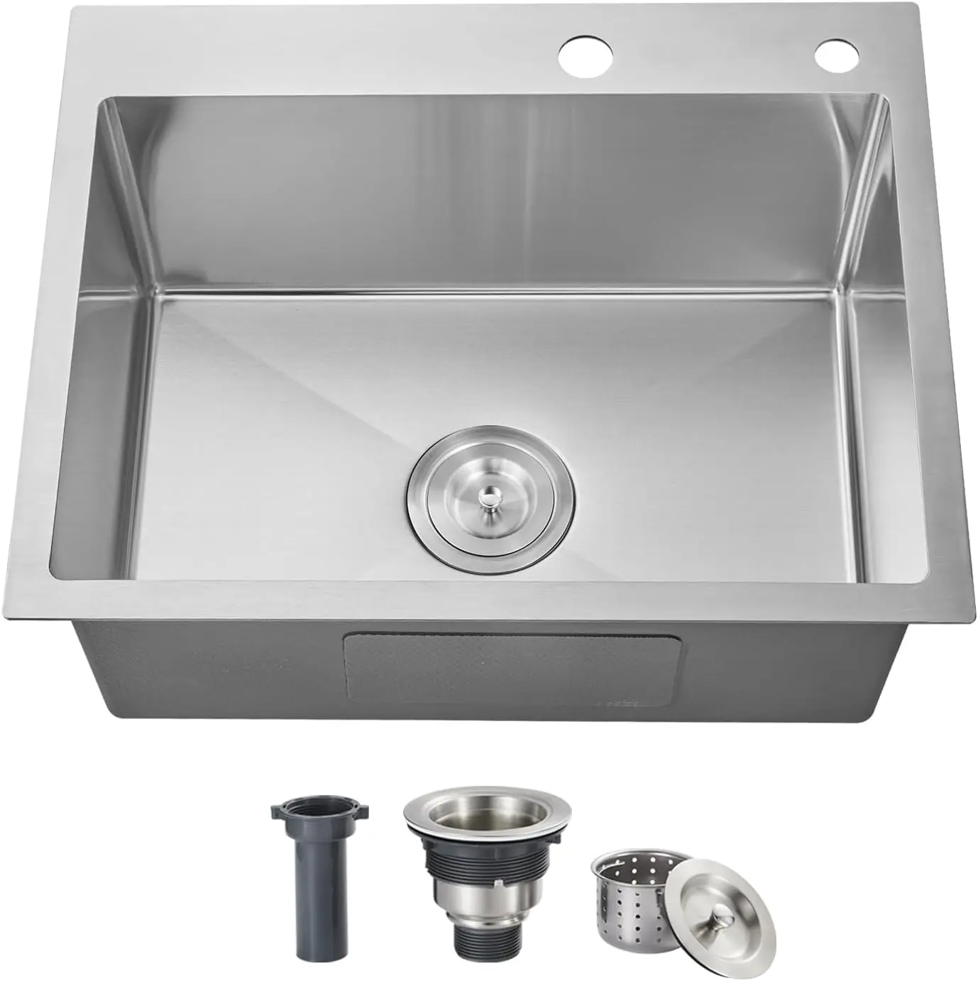 

24 x 18 inches Kitchen Sink Single Bowl with 2 Holes, 304 Stainless Steel Handmade Residential Sink Brushed