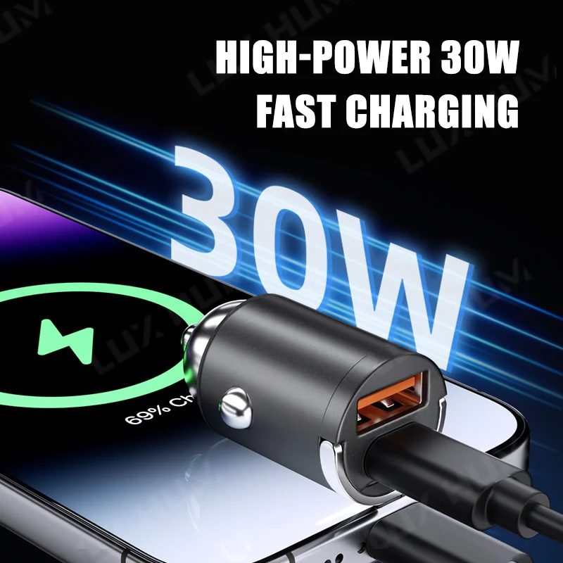 Mini Invisible Car Charger 30W Super Fast Charging with Pull Ring Dual Port PD Type C USB Phone Adapter for iPhone Samsung