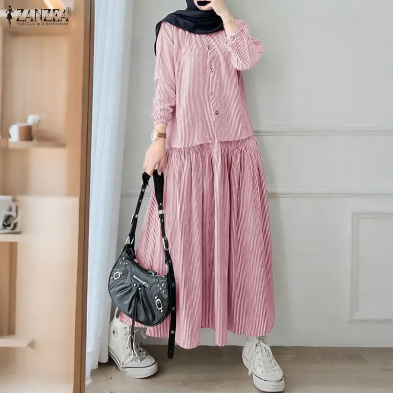 

Мусульманские модные женские костюмы с полосатой юбкой, длинная юбка А-силуэта и рубашка с длинными рукавами, комплект из 2 предметов, ZANZEA, женский свободный повседневный наряд