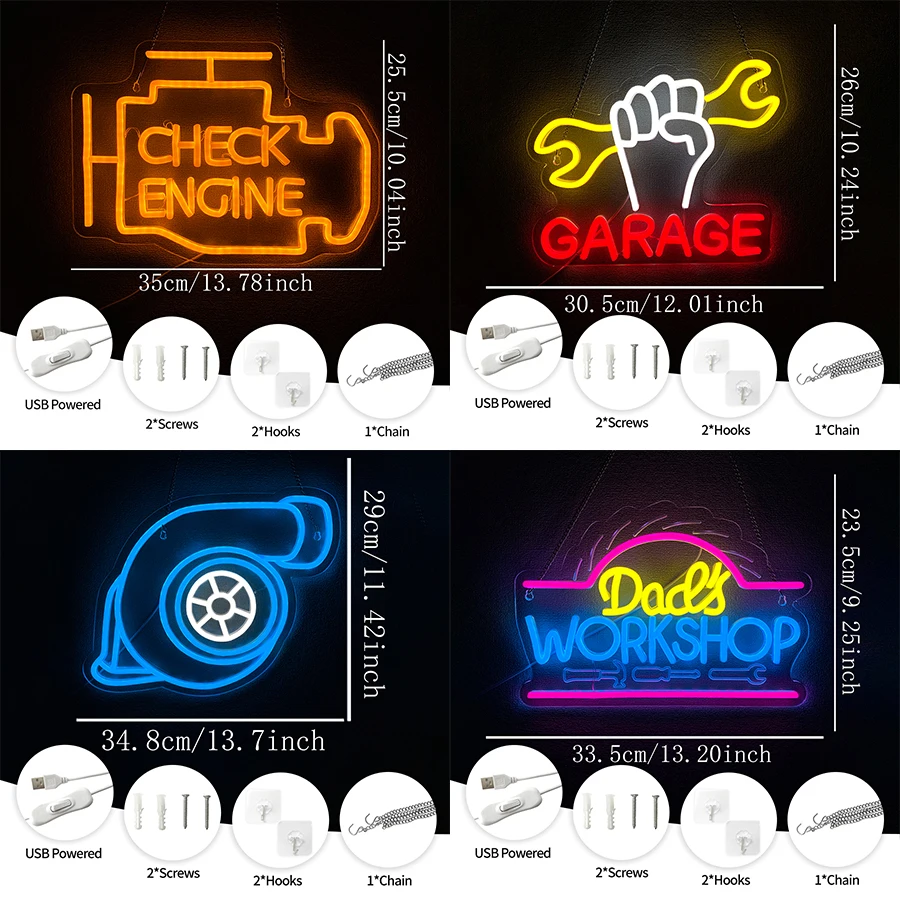 Garage Led Neon Sign, Wrench Tool Engine Icon Wall Decor, Wall Lamps In Auto Repair Shops, Club, Workshops And Parts Stores.