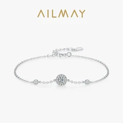 Ailmay 925 Sterling Silver Simple Fashion Round Sparkling Zirconia Link Chain Bracelet For Women Wedding Engagement Jewelry Gift