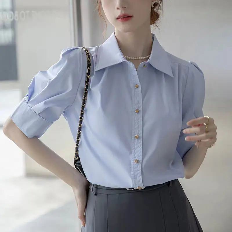 Summer Office Lady Short Sleeve Shirts Women\'s Solid Color Basic Blouse Korean Fashion Button Up Elegant Female Clothing Tops