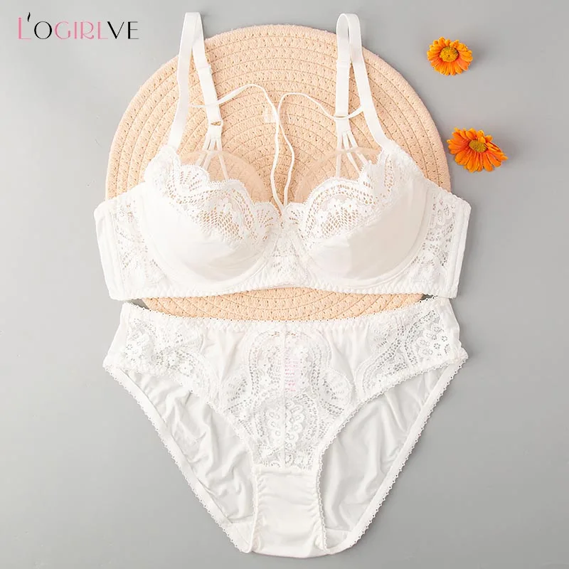 Logirlve White Sexy Bra And Panties Set Plus Size Brassiere Embroidery Ultrathin Lingerie Women Transparent Lace Underwear Set