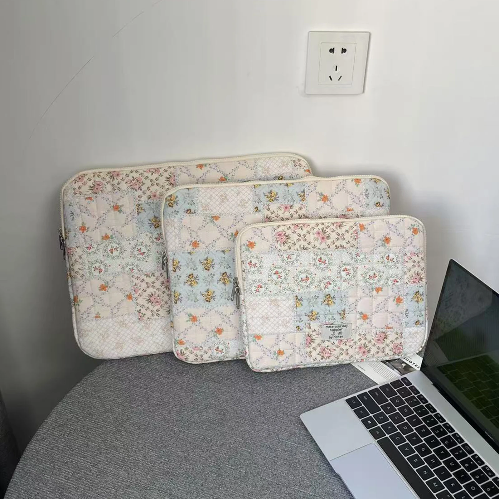 Cotton Floral Print Laptop Cases Puffy Notebook Pouch Sweet Floral Print Tablet Bags Laptop iPad Sleeve Case