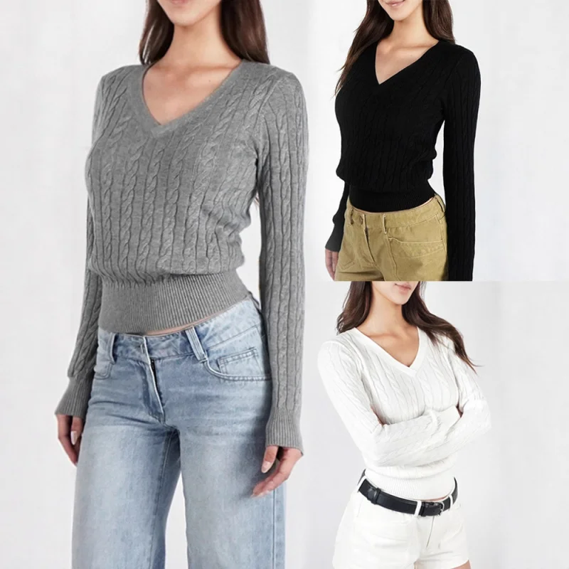 

In Stock American Style Spicy Girl Retro Design Knitted Sweater Slimming Texture Regular Shoulder Knit Swe