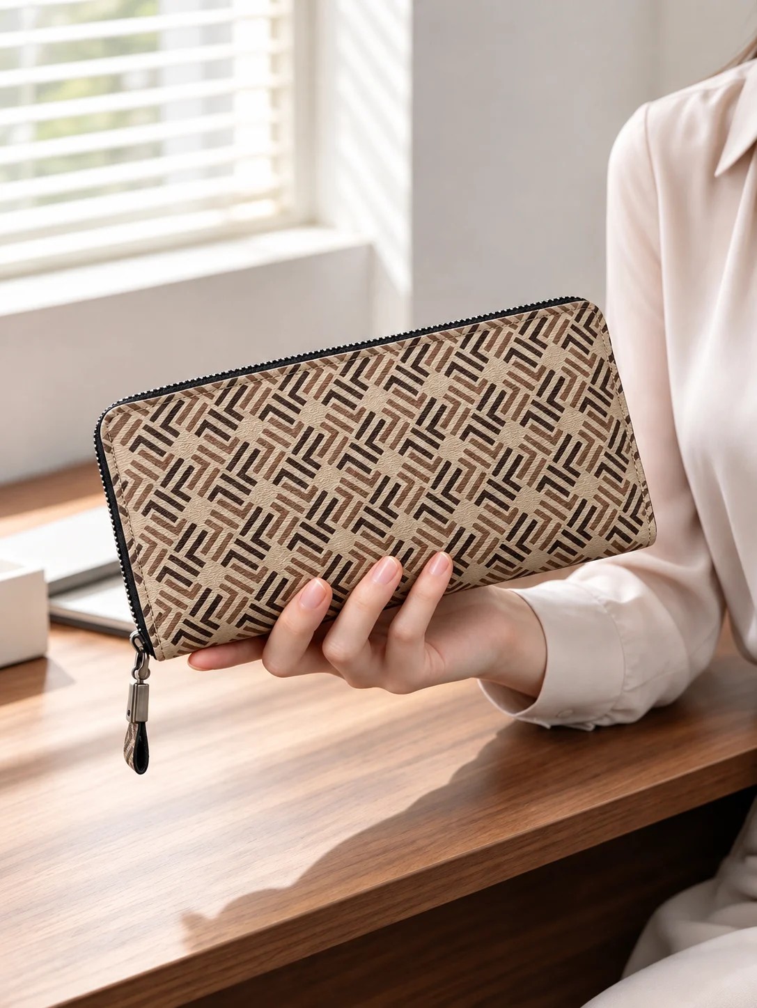 Women's PU Leather Long Wallet, Geometric Print Zip Around Wristlet, Large Capacity Clutch with 8 Card Slots and Coin Pocket