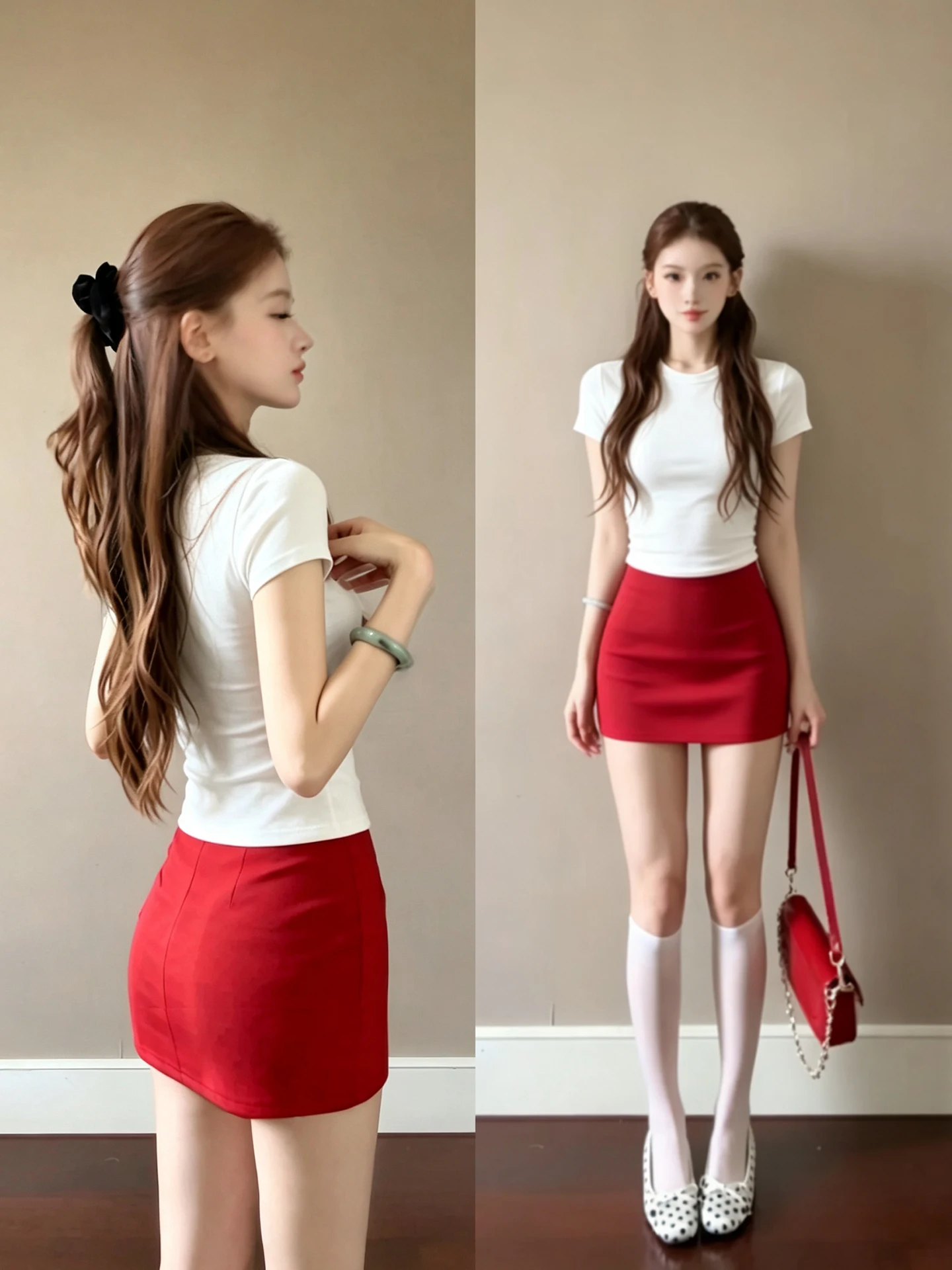 Red A-Line  Skirt Women's Short Sleeve Two-Piece Set Summer Breathable Comfortable High Waist Zipper Back Skirt