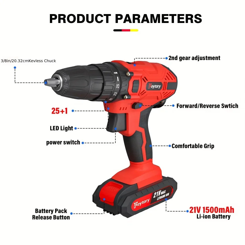 21V Cordless Combi Drill Electric Powerful Driver Screwdriver Battery LED Light For Halloween, Christmas, Home Work Gift