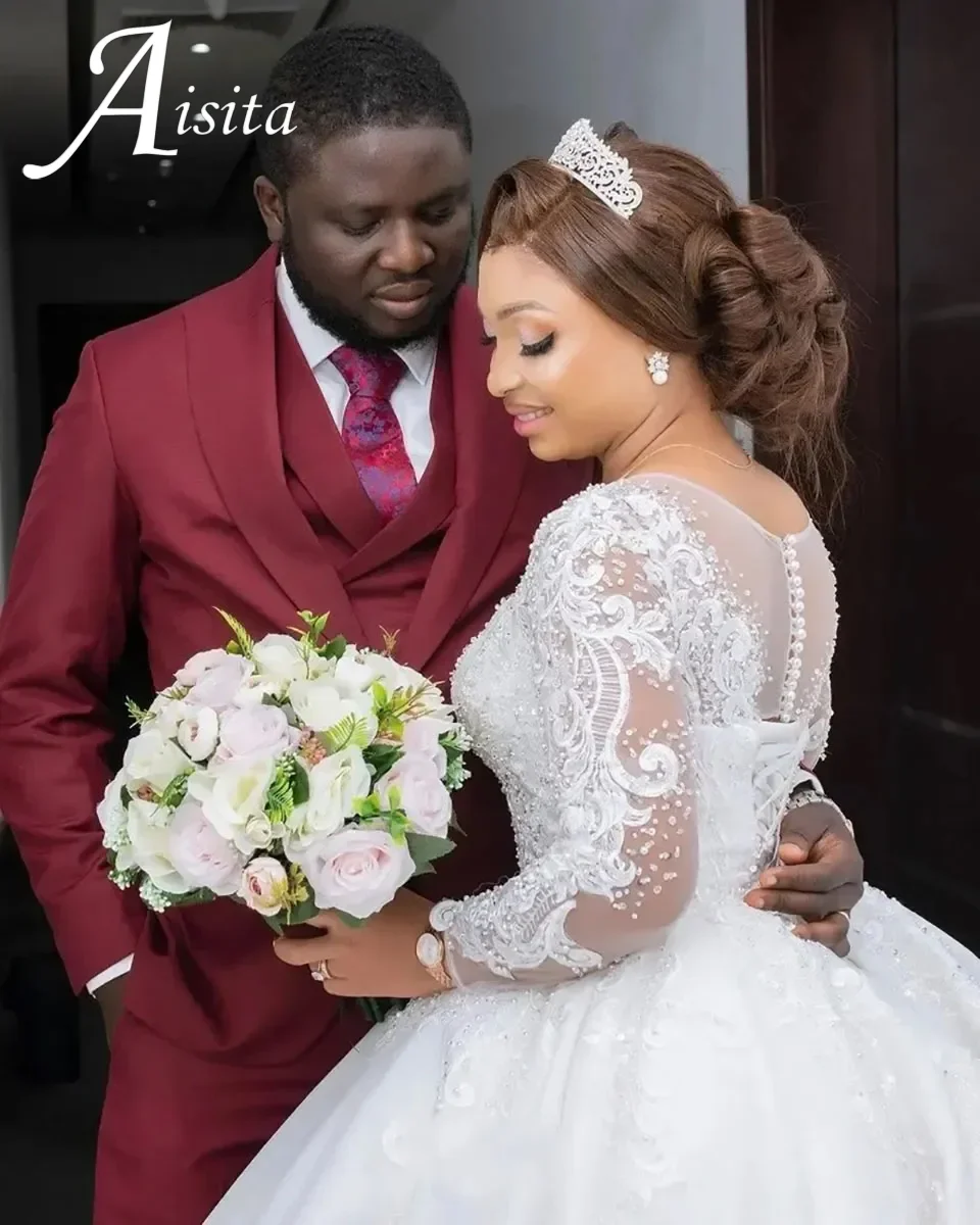 Elegant A-lijn O-hals Wit Satijn Aangepaste Rits Lace Up Trouwjurken Lange Mouwen Kralen Applique Satijnen Pailletten Bruidsjurken