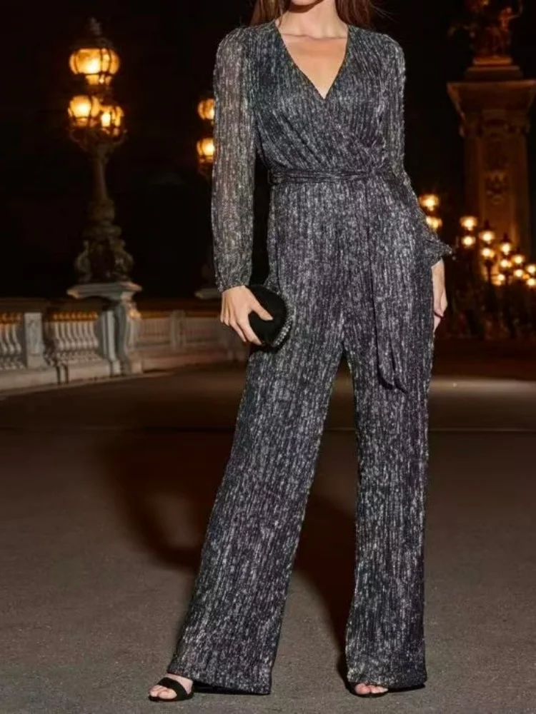 

Fashionable Heavyweight Shiny Thread Long Sleeve Waist Cinching Slimming Evening Everyday Versatile High Waist Jumpsuit