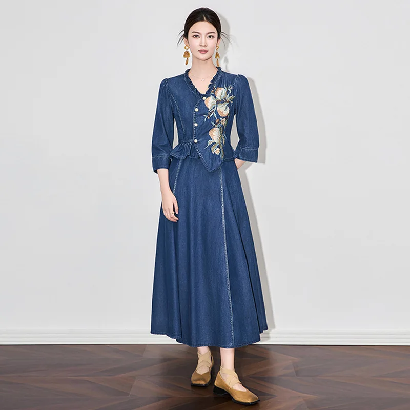 TIYIHAILEY Women Embroidery Long Mid-Calf Denim Summer Dress M-2XL V-Neck Ladies Clothing New 2025 Fake 2pcs
