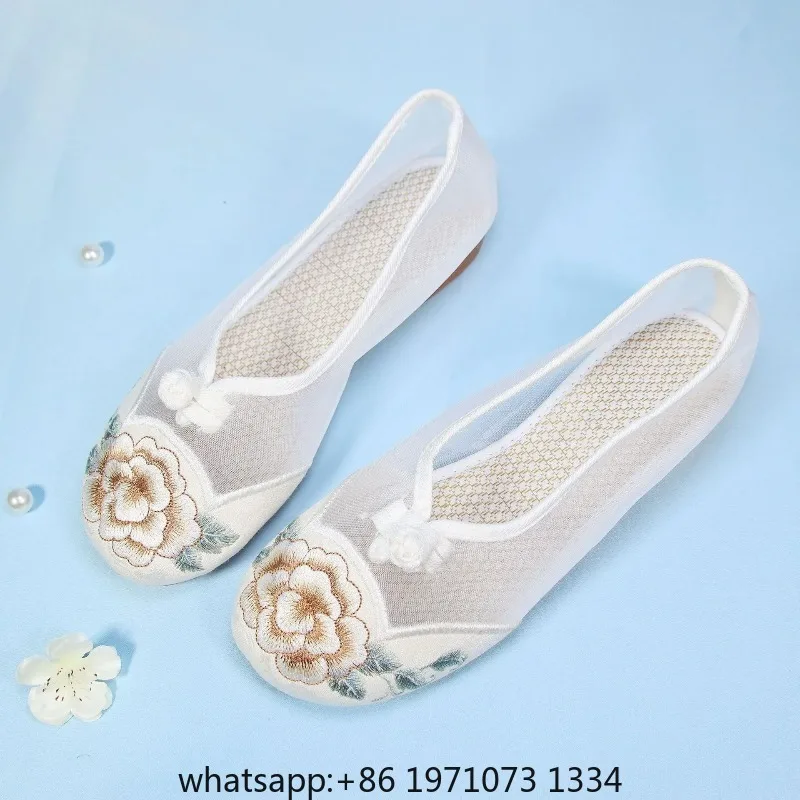 Summer new mesh breathable ancient style Hanfu shoes ethnic style embroidered mesh low heel old Beijing cloth shoes