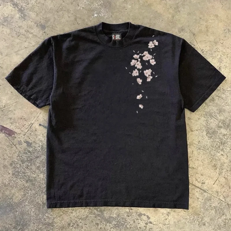 ヘビーウェイト260g純綿カップル向けルーズフィットtシャツ、アメリカンレターデザインと桃の花柄入り、男女兼用