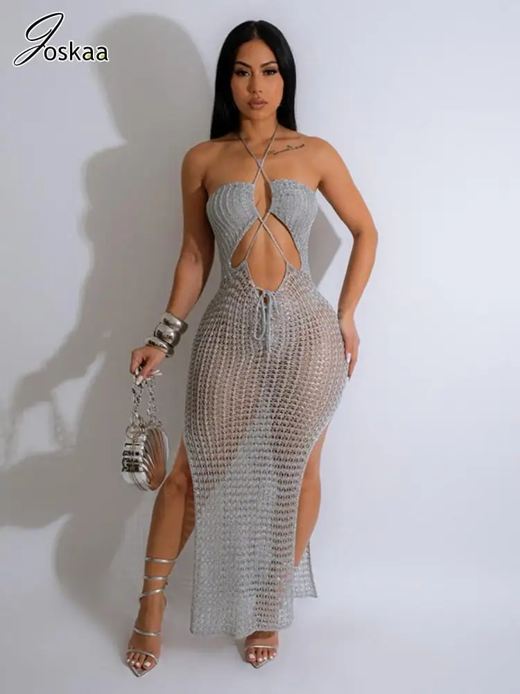 Joskaa Knit Crochet Hollow Halter Maxi Vacation Dress Women Sexy See Through Backless Bodycon Evening Nightclub Outfit Beachwear