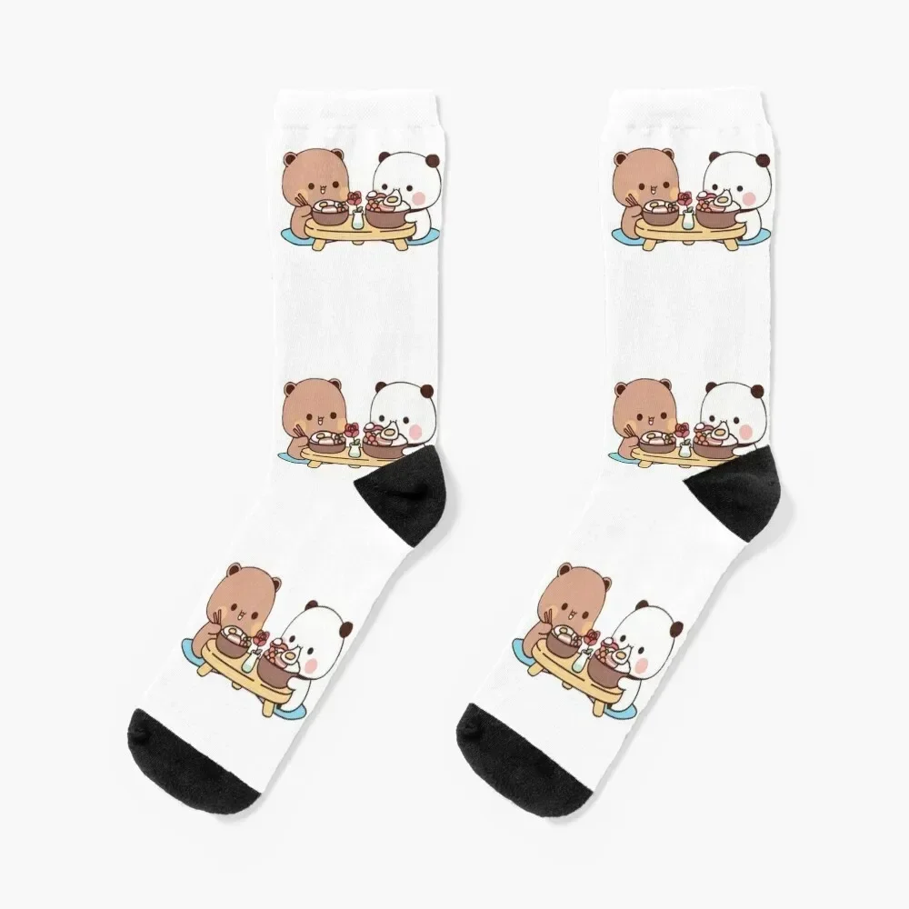 

panda and brownie bear enjoying lunch Socks crazy floral Stockings compression Luxury Woman Socks Men's