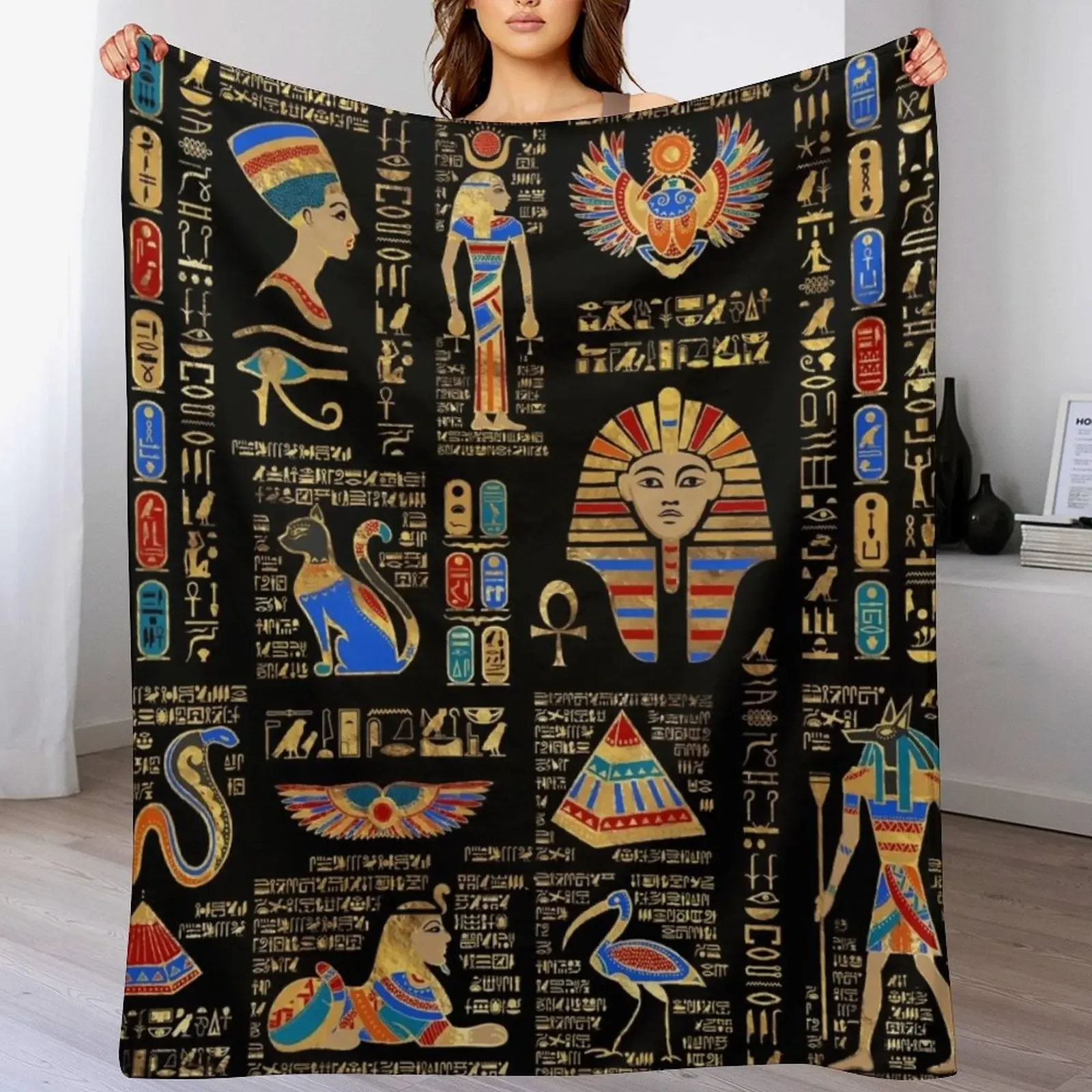 

Egyptian hieroglyphs and deities on black Throw Blanket Thermals For Travel For Baby Sofa Throw christmas decoration Blankets