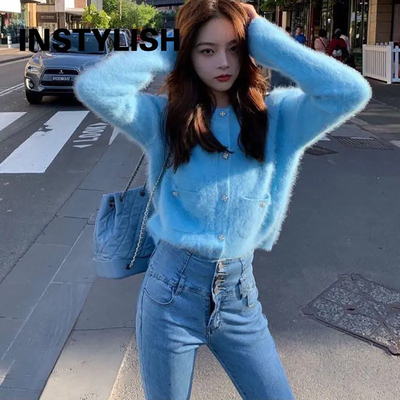 Women Elegant Cashmere Cropped Cardigan Knitted Sweater Coat Women Korean Harajuku Button Up Slim Cardigans Streetwear 2022 New