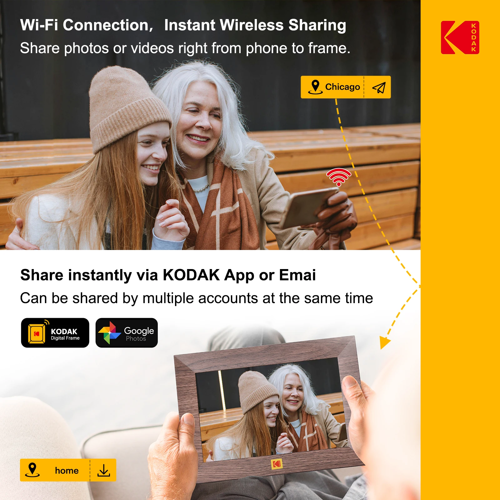 إطار صور رقمي ذكي واي فاي مقاس 8 بوصات من كوداك، شاشة لمس 800*1280HD، نقل عن بعد للصور، مشاركة فورية مع عائلة