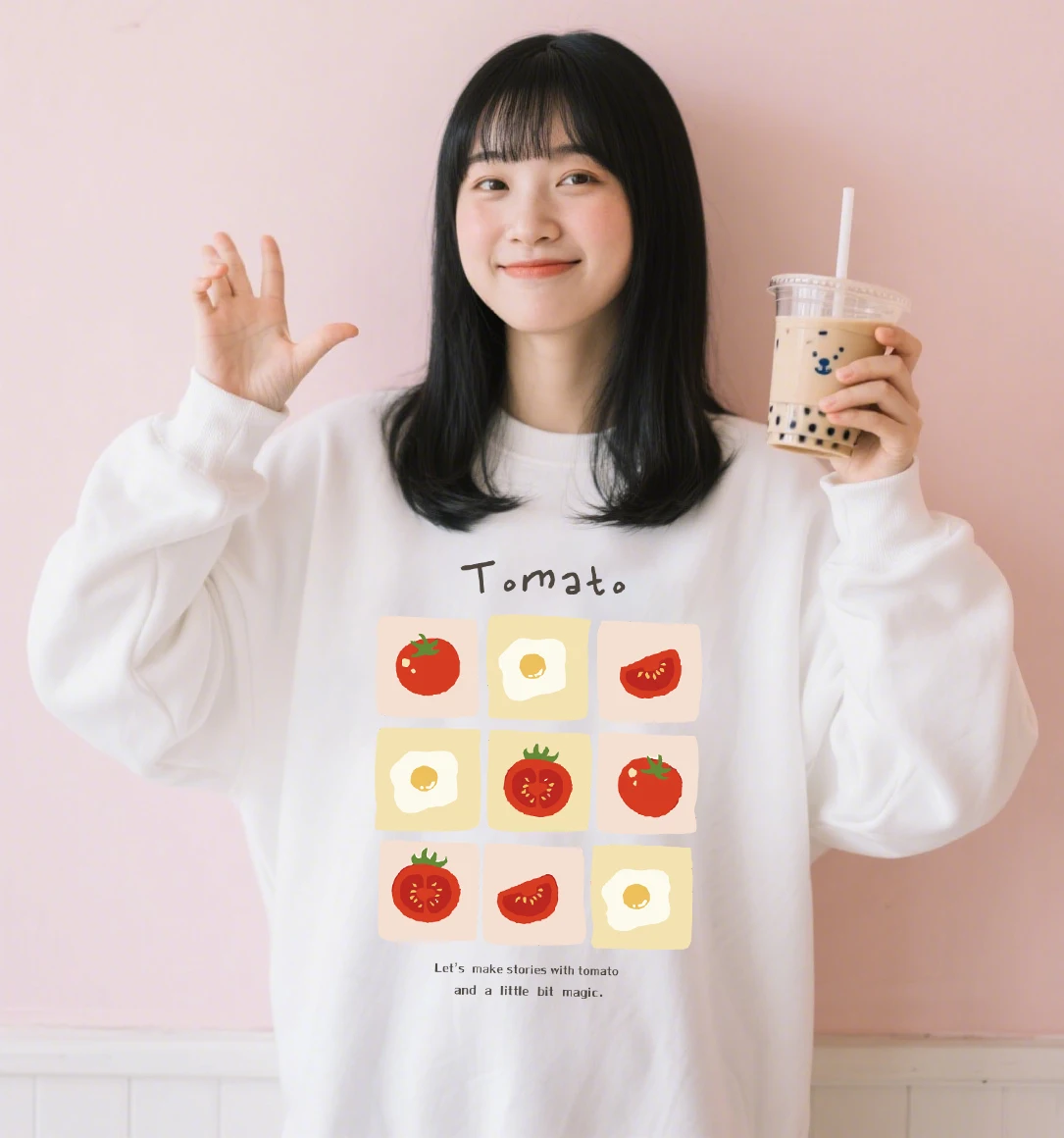 토마토와 계란 그림 프린트 스웨트 여성 o 넥 옷 가을 양털 풀오버 루즈 패션 streetwear 데일리 탑스