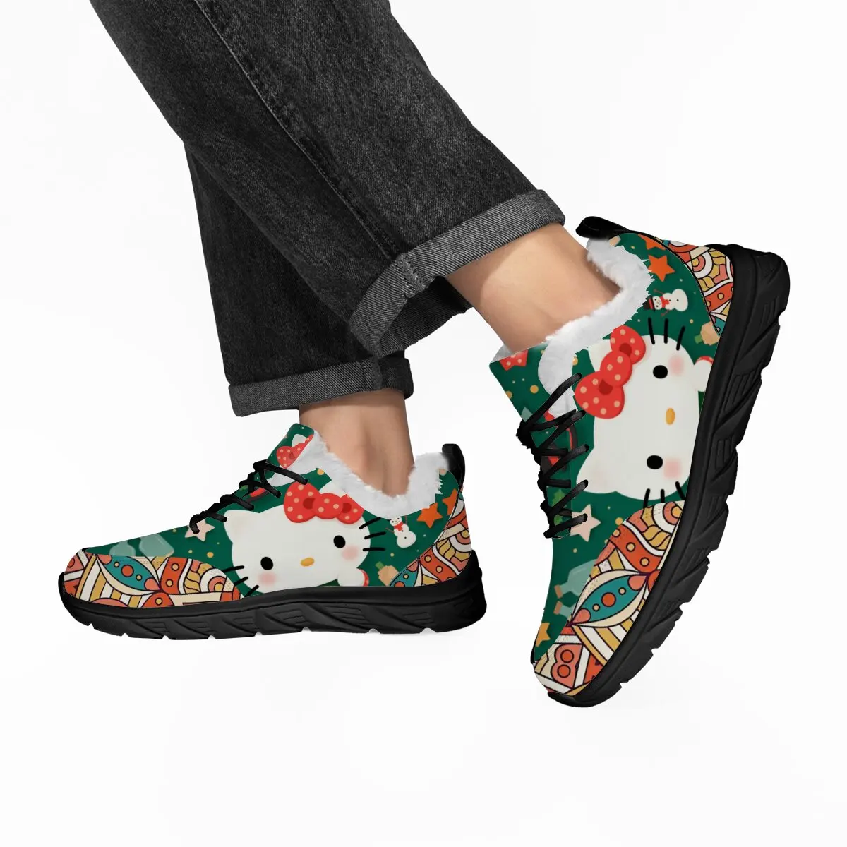 

Lightweight Sports Shoes Sneakers Casual Disney Hello Kitty Shoe Christmas Fur Lined Running Shoes with Snowman Star Patterns