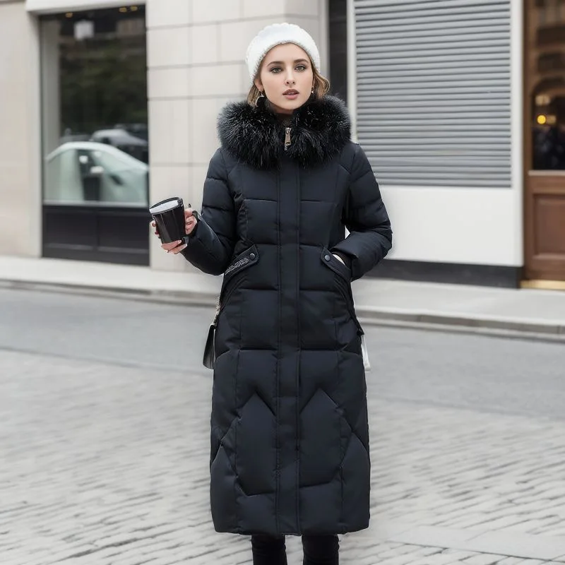 Manteau long en coton pour femme, veste bouffante au-dessus du genou, grand col en fourrure optique, parka à capuche chaude, pardessus en coton,