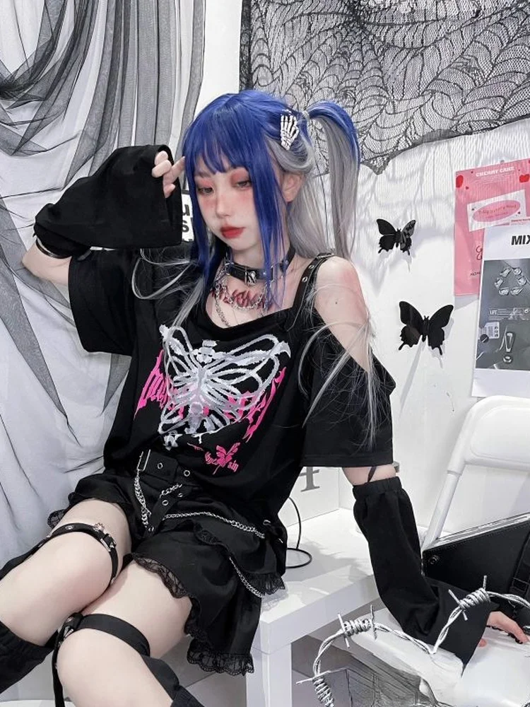 Y2k Aesthetic Black T Shirt Women Harajuku Off Shoulder Skull Print Gothic Graphic  Shirts Japanese Punk Grunge Streetwear ee