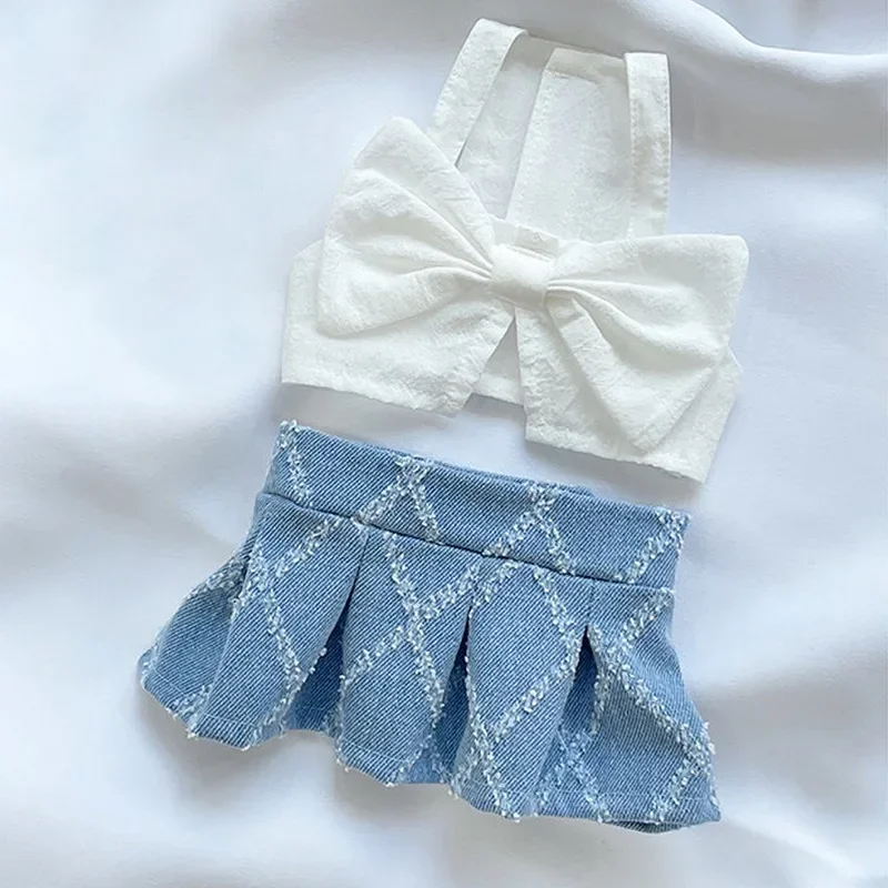 Summer Pet Clothing  Denim Dress Patchwork Bow Vest Dress Cat Denim Plaid Vest Puppy T-shirt Half Set Dog Dresses for Small Dogs