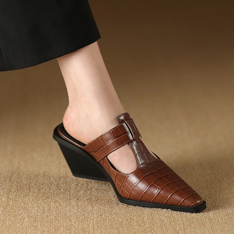 NEW Summer Women Mules Genuine Leather Shoes for Women Cover Toe Wedges Slippers Belt Buckle Pointed Toe Black Women Sandals