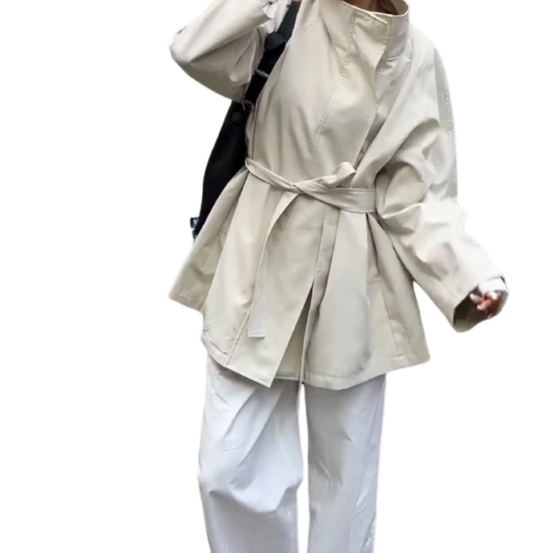 

24 Autumn and Winter New Wide Version Collarless Trench Coat 70% Cotton Elegant Beige Trench Coat
