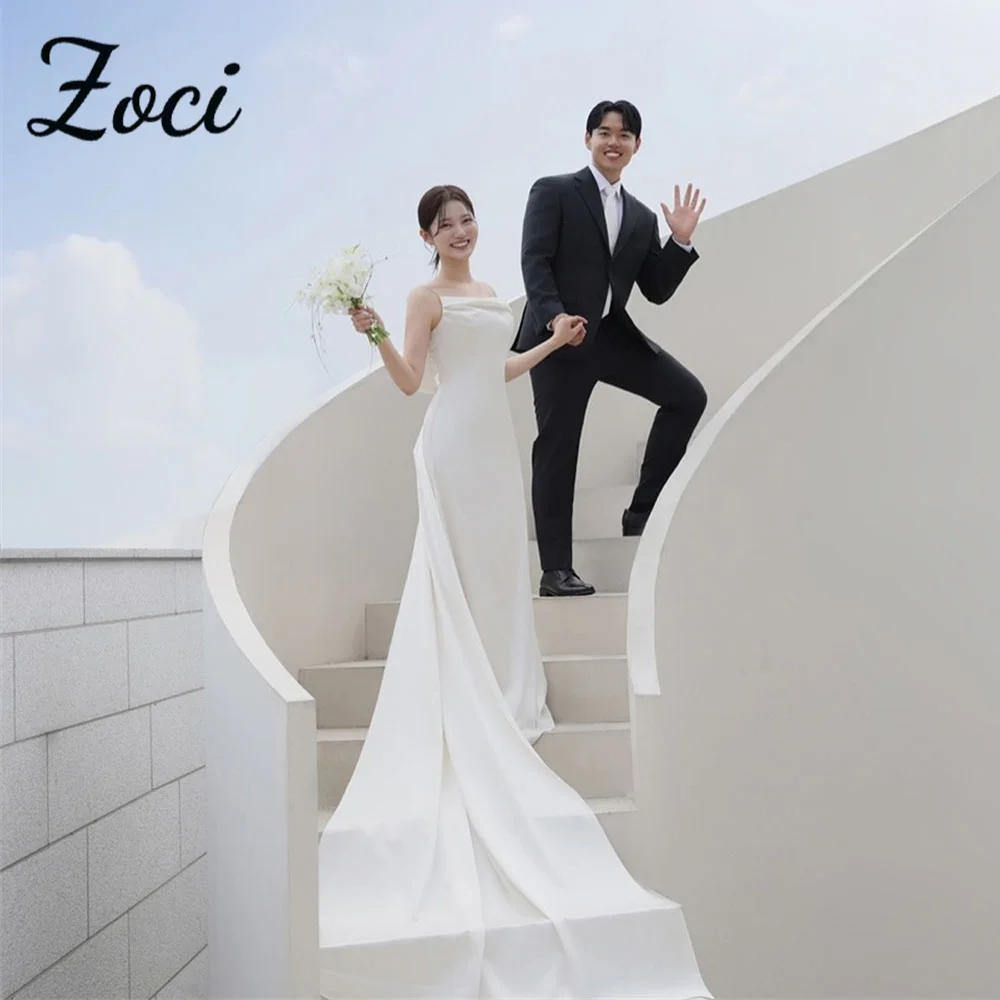 

Zoci Classic Spaghetti Strap Korea Wedding Photo Shoot Dresses Customized Strapless Pleat Elastic Satin Bridal Reception Gown