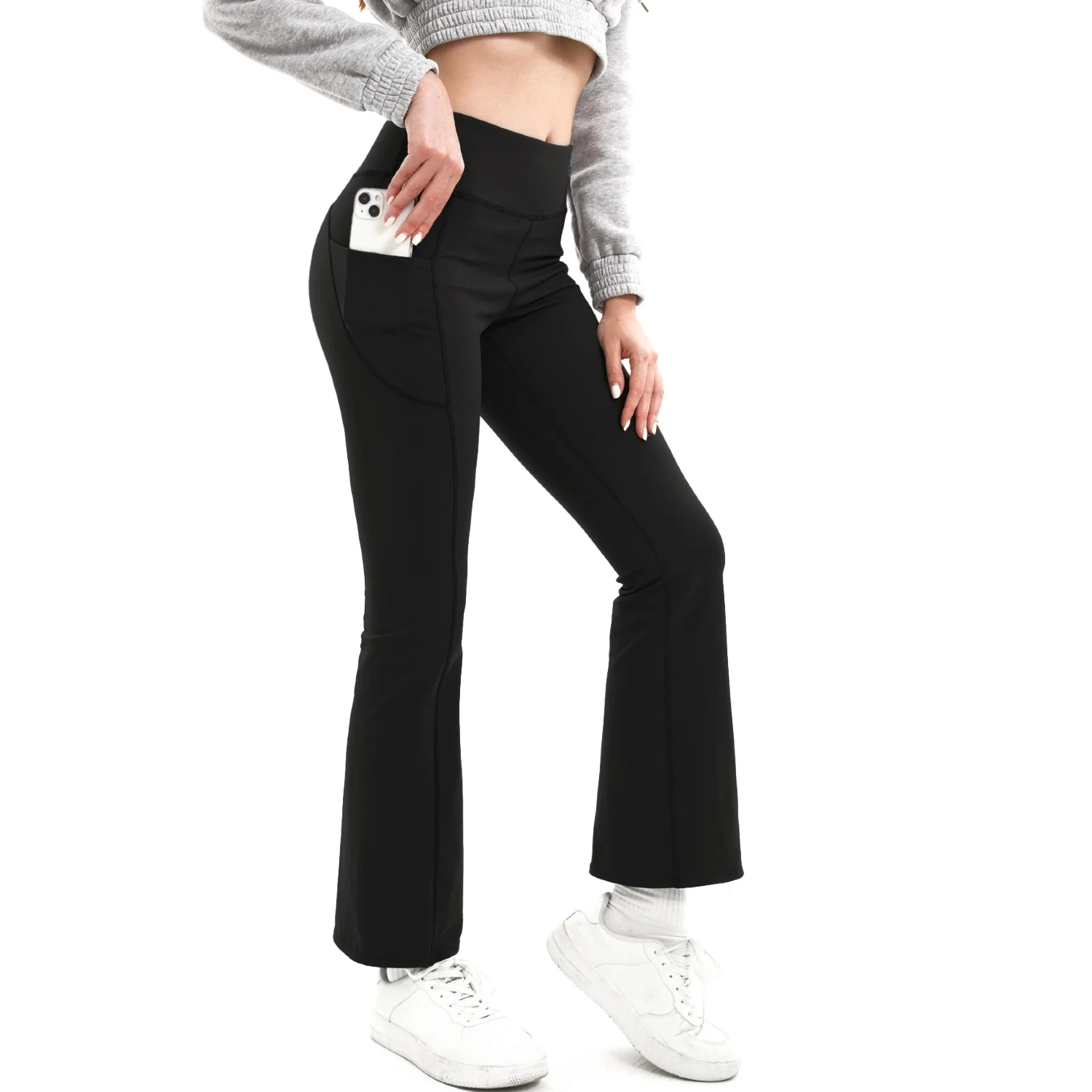 Women's Fleece Lined Flared Yoga Pants, High Waisted Tummy Control Butt Lifting with Side Pockets for Workout Running & Winter