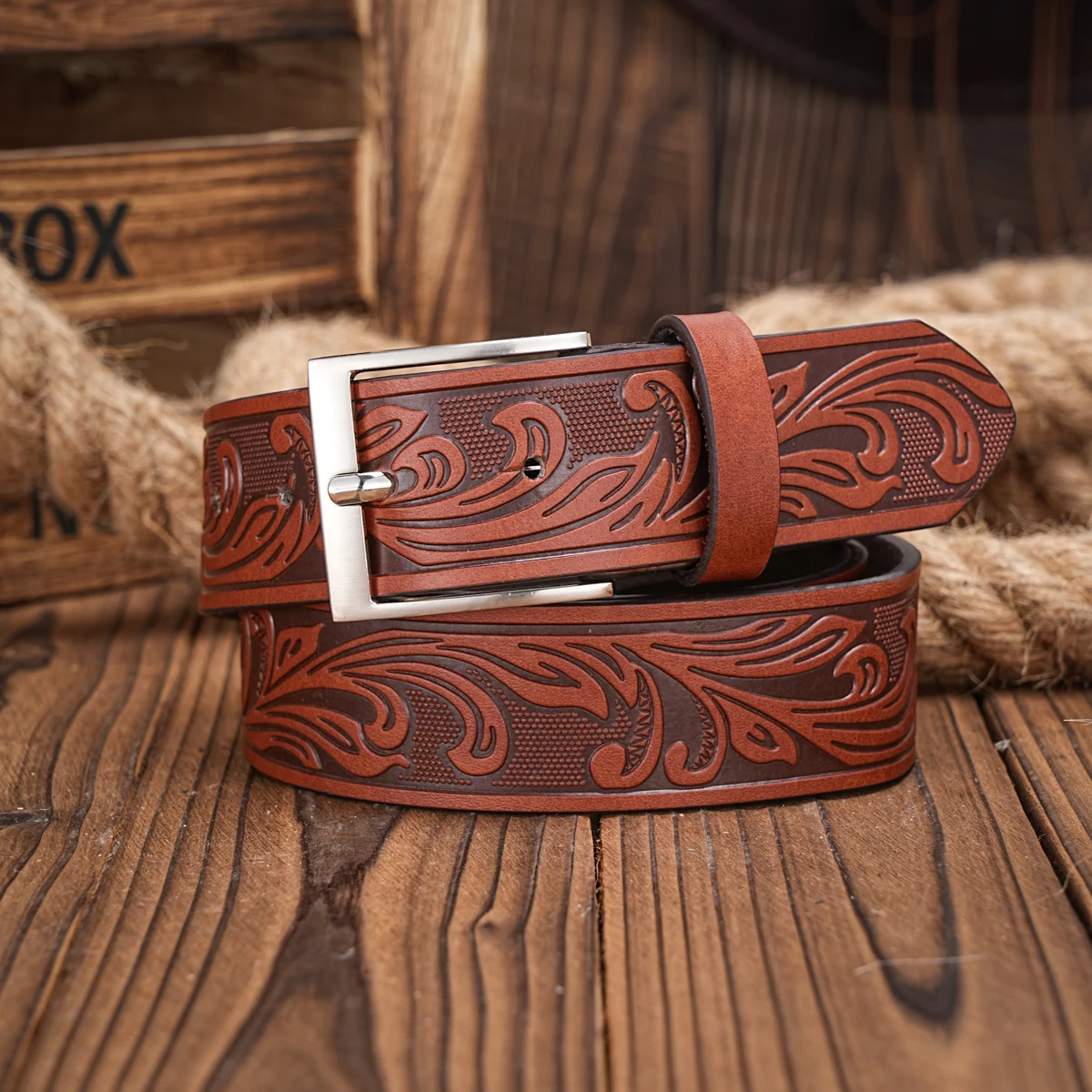 Western Cowboy PU Leather Belt - Men Waist Strap Bull Decoration Floral Engraved for Jeans