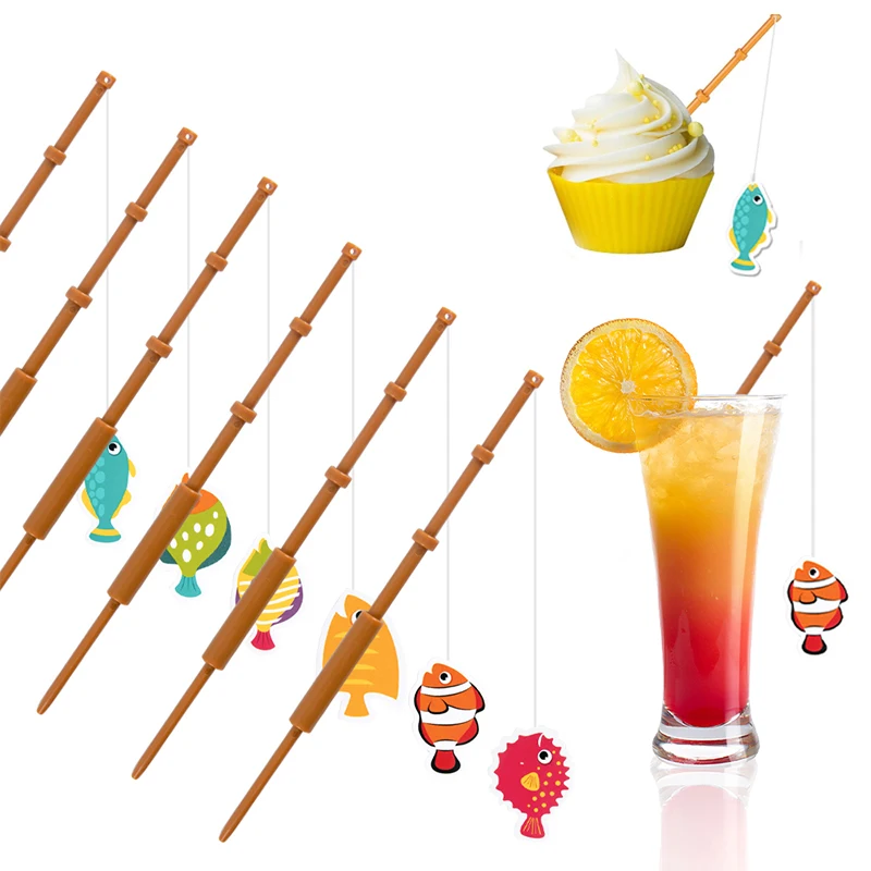 6/12pcs Fish Pole Cupcake Toppers Fishing Rod Cocktail Picks Fishing Theme Cake Decoration Fisherman Boy Birthday Party Supplies