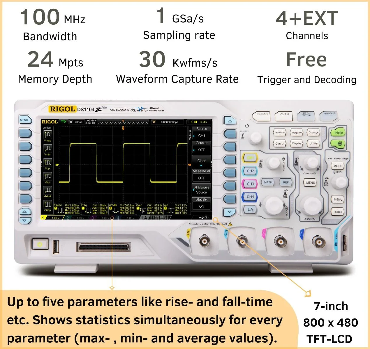 RIGOL Digital Oscilloscope DS1104Z Plus 100 MHz 4 Channel 1 GSa/s Memory Depth up to 24 Mpts 30000 Wfms/s 7-inch
