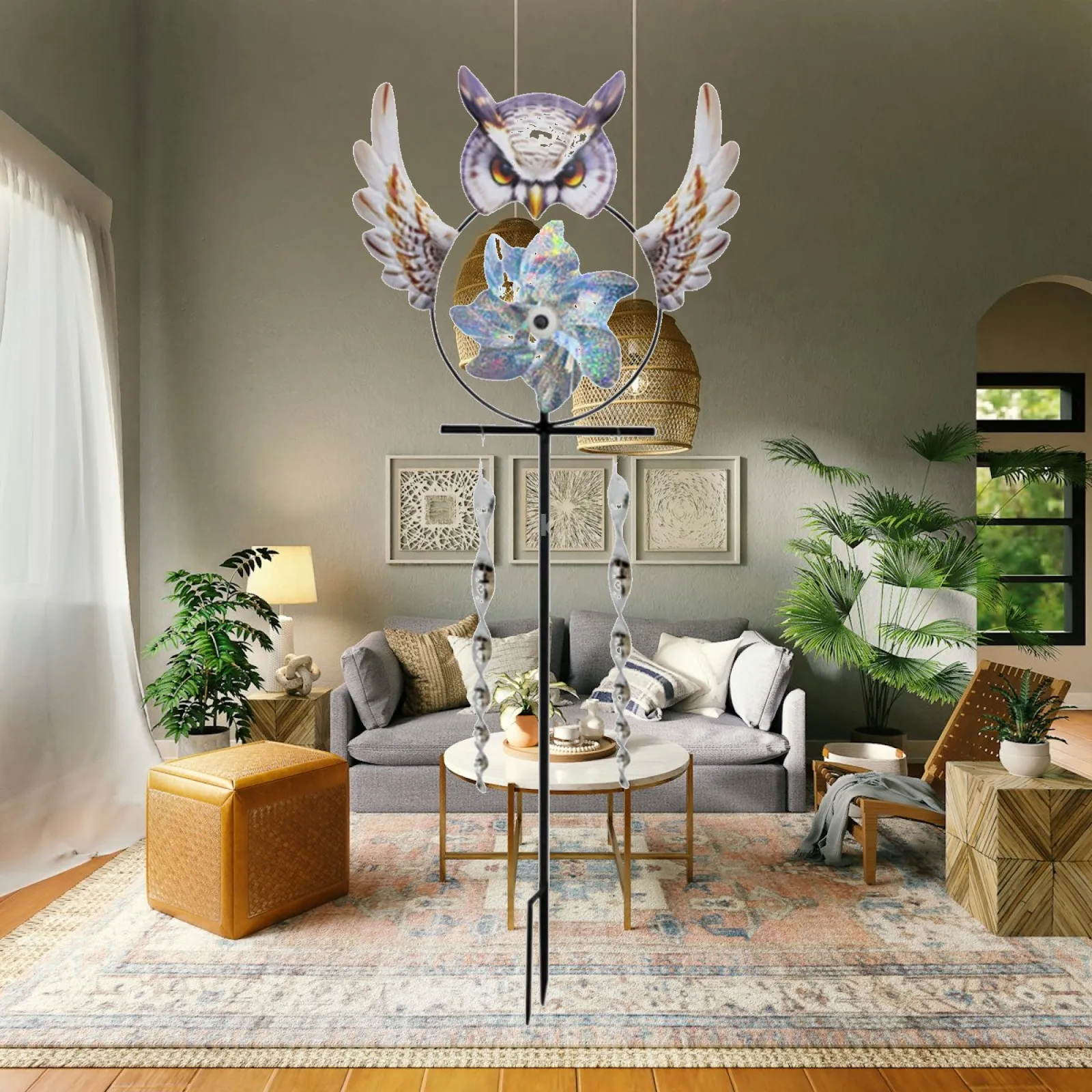 Bird Repellent Device Outdoor Owl Scare Figure Reflective Movement Anti Pigeons Stake for Patio Balcony and Orchard