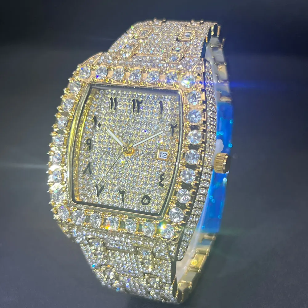 Luxury Iced Out Watch for Mens Brand MISSFOX Hip Hop Square Diamond Quartz Watch Fashion Sports Silicone Strap Tonneau Clock Man view 3