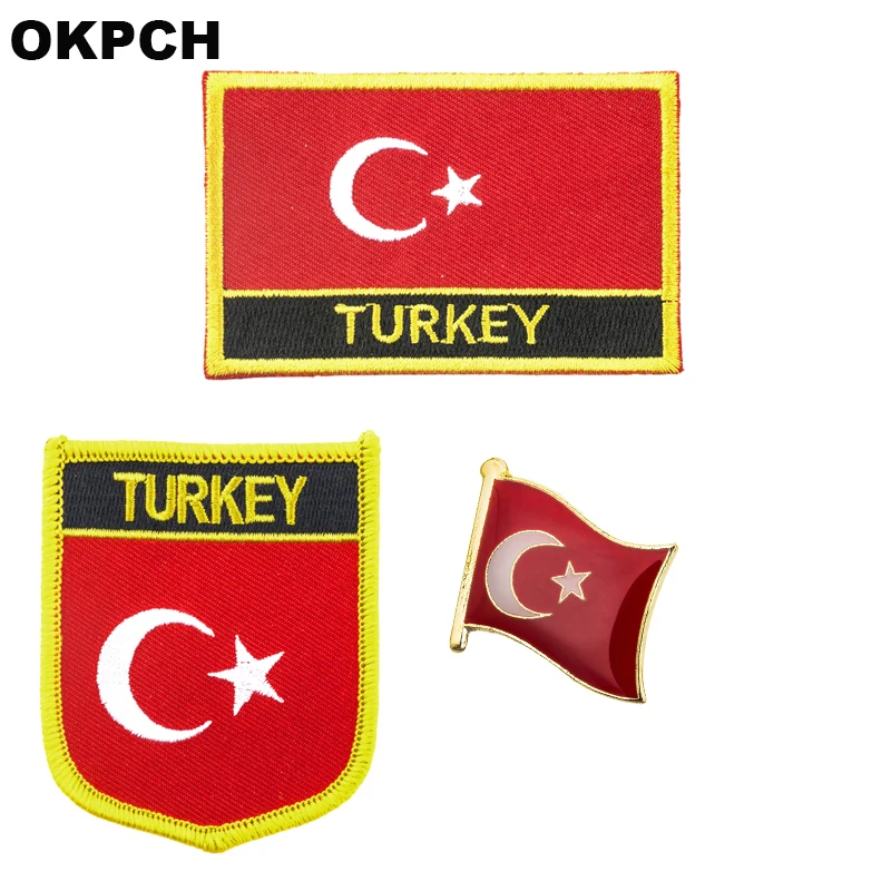 Parches bordados con plancha y bandera nacional de Turquía para ropa, insignias de Metal PT0130-3