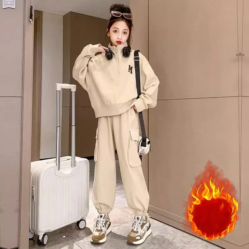 

Autumn Winter School Girl Thicken Tracksuit Elementary Girl Half Zip Sweatshirts+SweatPants School Girl Sport Sets 4-12Years